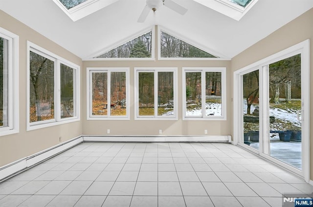 unfurnished sunroom featuring a baseboard heating unit, vaulted ceiling with skylight, and ceiling fan