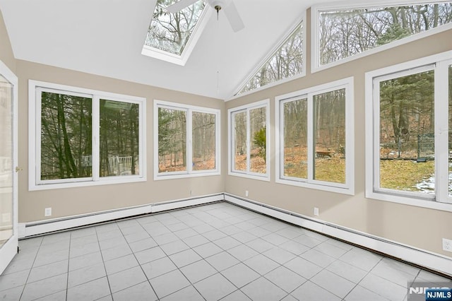 unfurnished sunroom with a baseboard heating unit, plenty of natural light, and vaulted ceiling with skylight