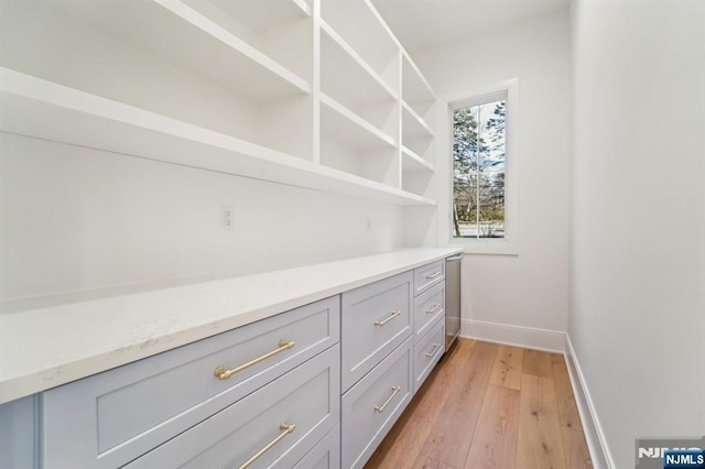 walk in closet with light hardwood / wood-style flooring