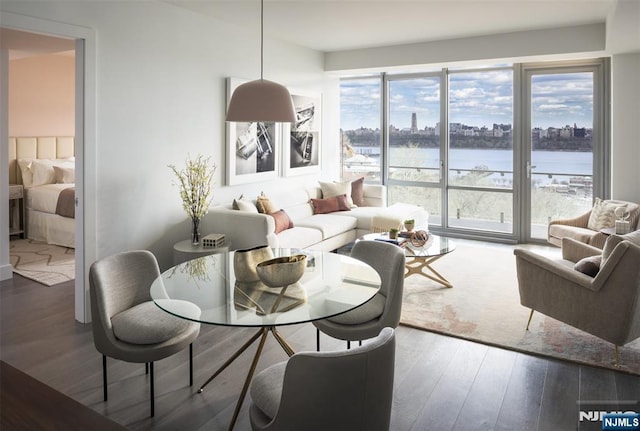 living room with hardwood / wood-style flooring and a water view