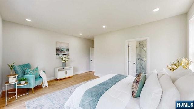 bedroom with recessed lighting, baseboards, and wood finished floors