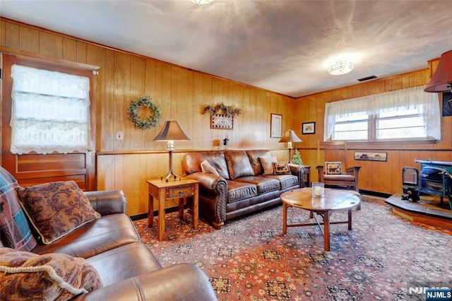 living area featuring a wood stove and visible vents