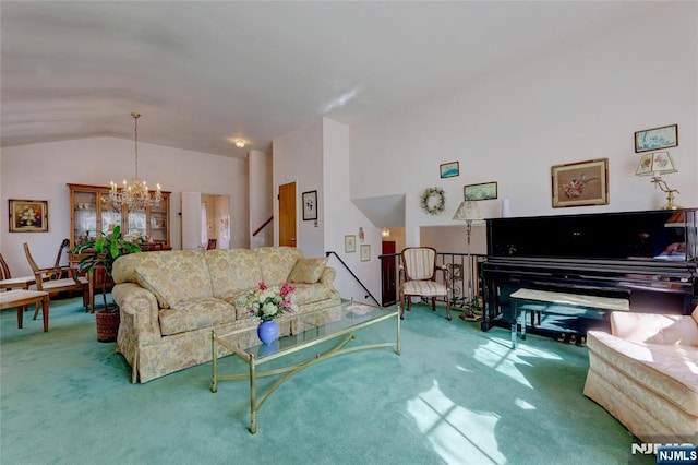 living room with carpet, lofted ceiling, and an inviting chandelier