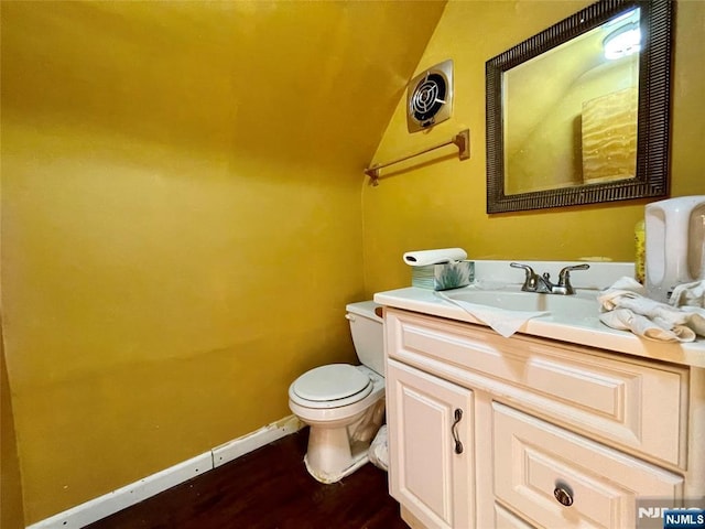 bathroom with vanity, wood-type flooring, and toilet