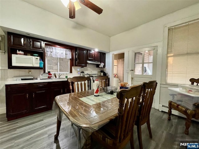 dining space with ceiling fan, sink, and light hardwood / wood-style floors