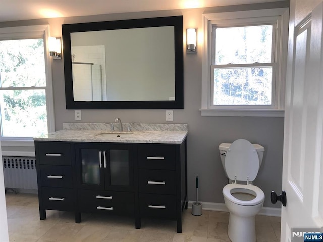 bathroom with vanity, radiator, a shower with door, and a wealth of natural light