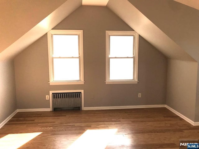 additional living space featuring hardwood / wood-style flooring, radiator, and vaulted ceiling