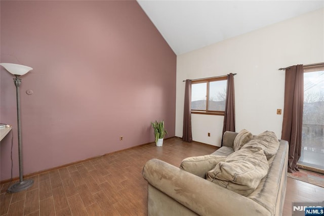 living room with hardwood / wood-style flooring and high vaulted ceiling