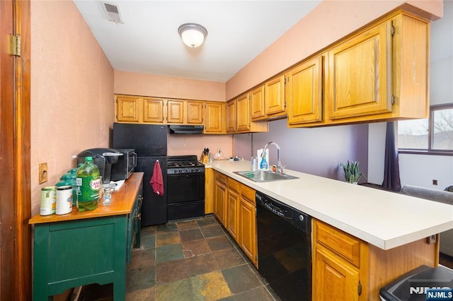 kitchen featuring sink, gas range, dishwasher, kitchen peninsula, and range hood