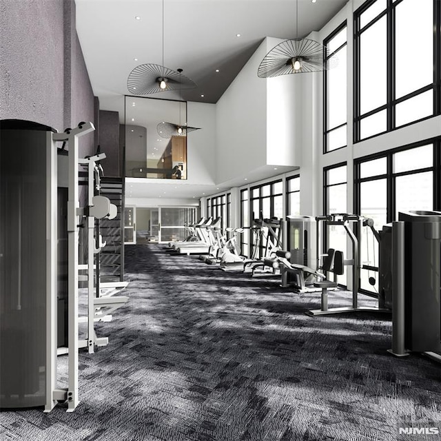 gym featuring dark colored carpet