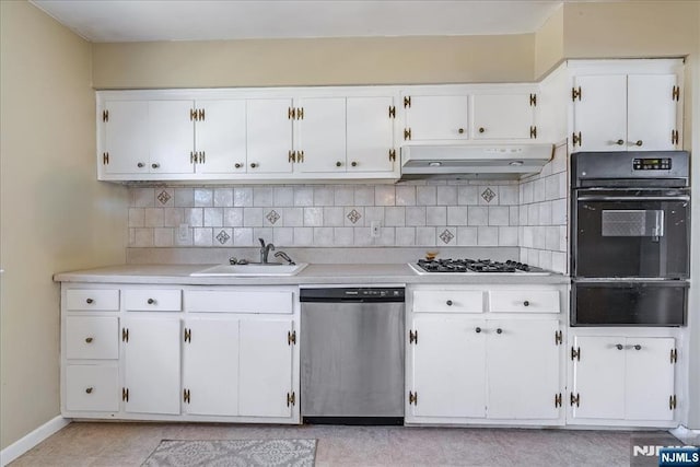 kitchen with sink, white cabinets, decorative backsplash, stainless steel dishwasher, and gas stovetop