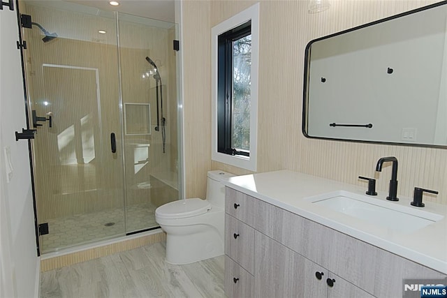 bathroom with vanity, a shower stall, and toilet