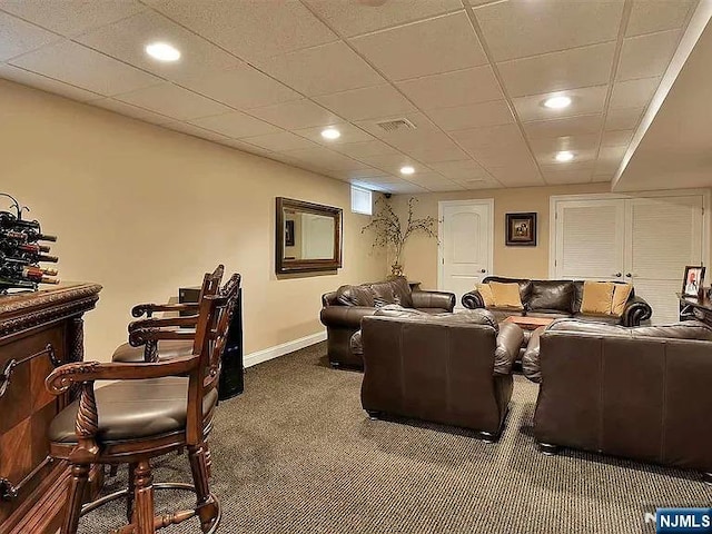 home theater room featuring recessed lighting, carpet flooring, visible vents, and baseboards