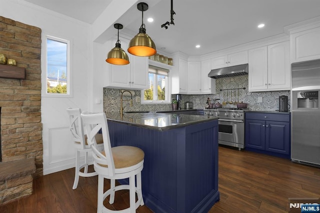 kitchen with pendant lighting, appliances with stainless steel finishes, white cabinetry, dark hardwood / wood-style floors, and tasteful backsplash