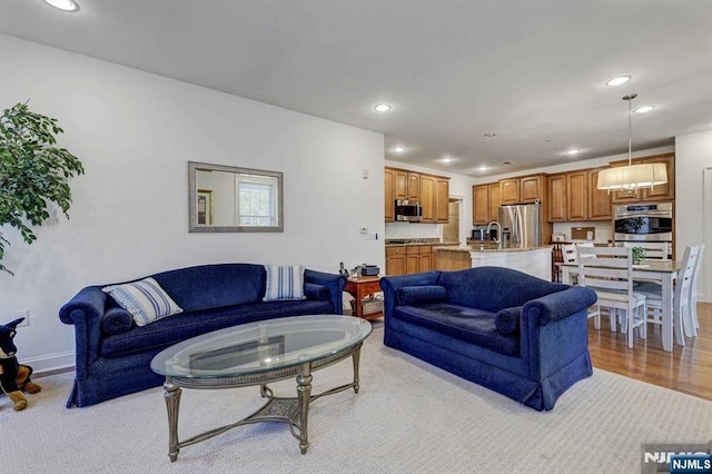 living room featuring sink and light wood-type flooring