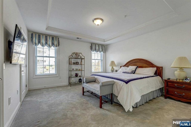 carpeted bedroom featuring crown molding and a tray ceiling