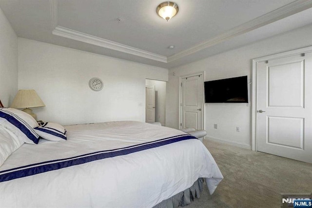 bedroom with a tray ceiling, ornamental molding, and carpet