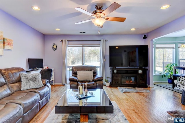 living room featuring ceiling fan, plenty of natural light, and light hardwood / wood-style flooring