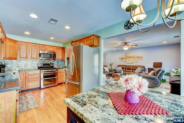 kitchen featuring sink, light wood-type flooring, pendant lighting, stainless steel appliances, and backsplash