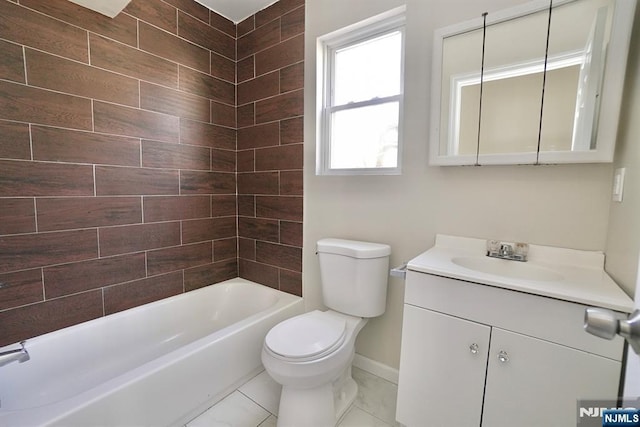 bathroom with toilet, bathing tub / shower combination, baseboards, and vanity