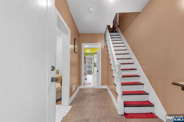 stairway featuring carpet flooring