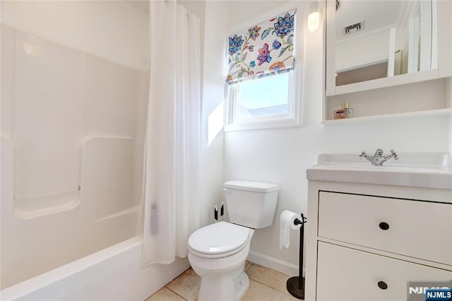 full bathroom featuring shower / tub combo with curtain, vanity, toilet, and tile patterned flooring