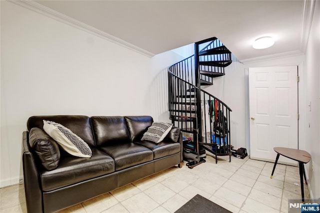 living room featuring crown molding