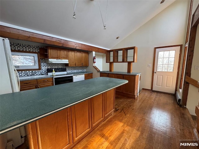 kitchen featuring tasteful backsplash, white appliances, a healthy amount of sunlight, and light wood-type flooring