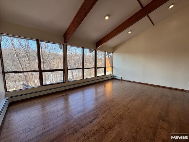 interior space with a baseboard radiator, dark hardwood / wood-style floors, and vaulted ceiling with beams