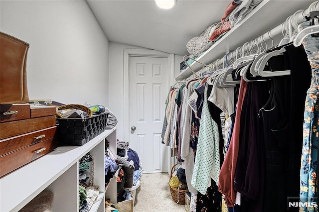 walk in closet with carpet floors and vaulted ceiling