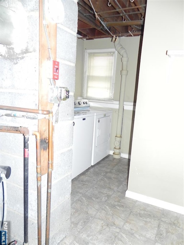 laundry room with baseboards, laundry area, and washing machine and clothes dryer