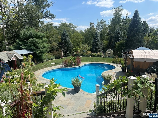 view of pool featuring a lawn, a patio area, and a storage shed