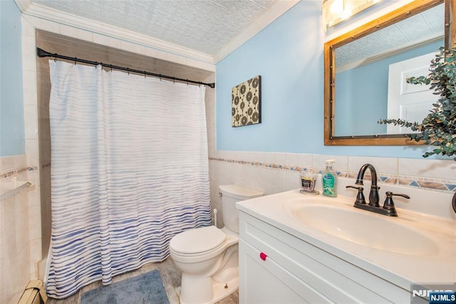 bathroom featuring crown molding, tile walls, vanity, curtained shower, and toilet