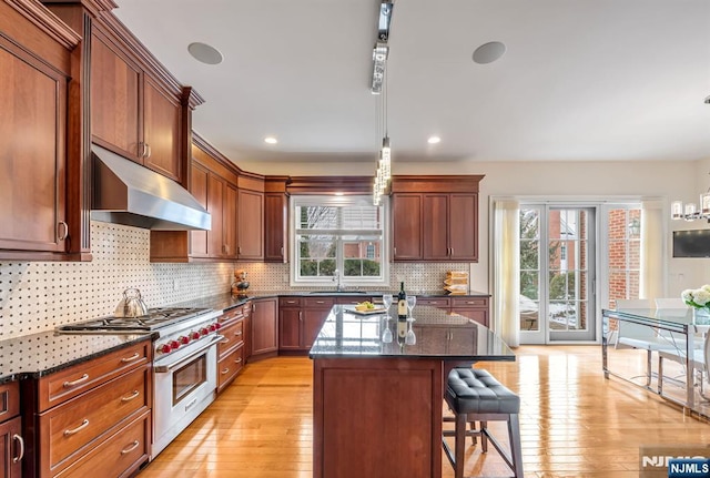 kitchen featuring high end stainless steel range oven, dark stone countertops, a kitchen island, extractor fan, and a kitchen bar