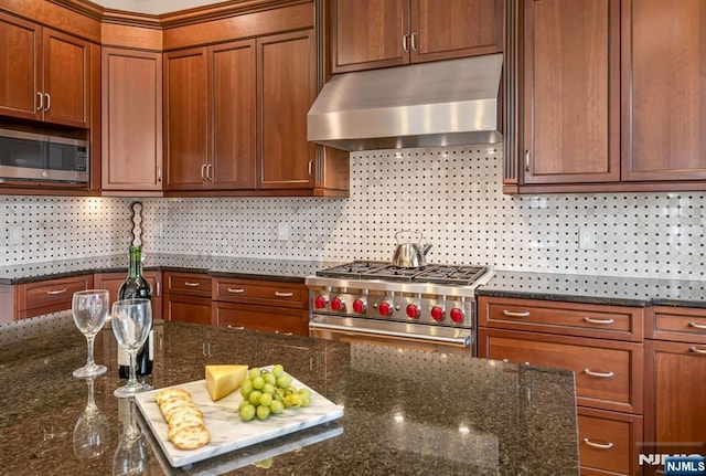 kitchen featuring dark stone countertops, appliances with stainless steel finishes, tasteful backsplash, and exhaust hood