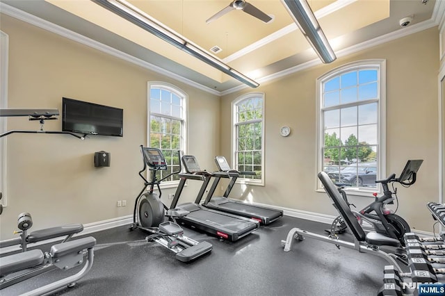 exercise room featuring crown molding