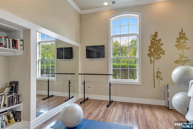 workout room with hardwood / wood-style floors and crown molding