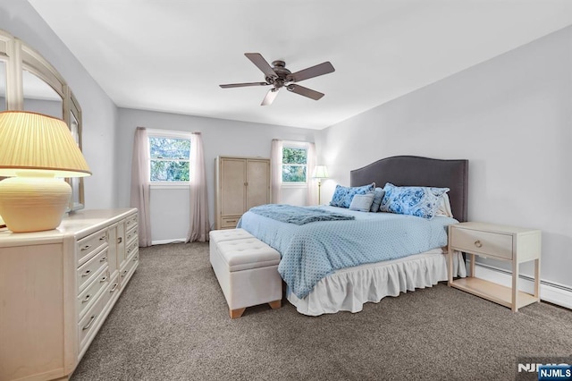 bedroom with a baseboard radiator, carpet floors, and ceiling fan