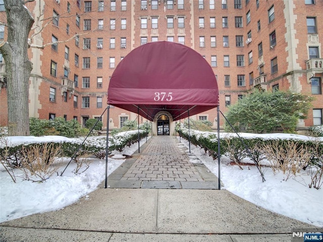 view of snow covered building