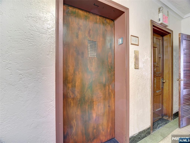 corridor featuring crown molding and elevator