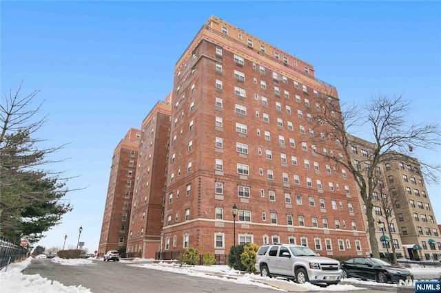 view of snow covered building