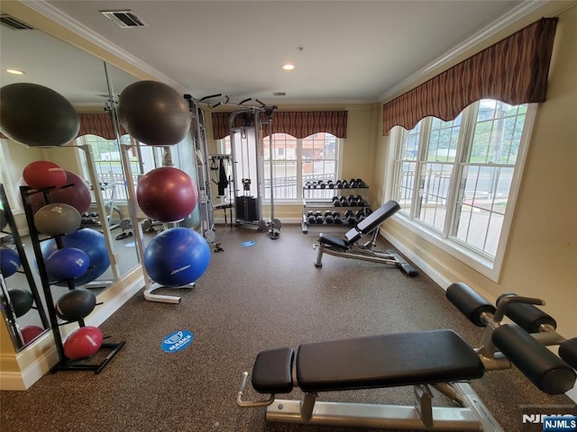 workout room with crown molding