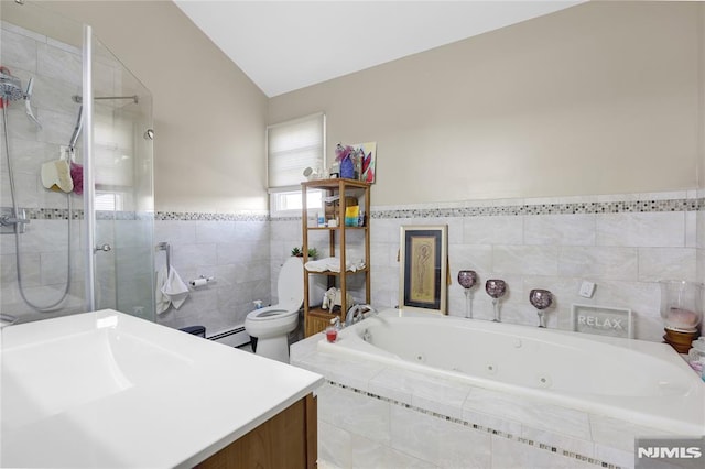 bathroom with a baseboard radiator, toilet, separate shower and tub, and tile walls