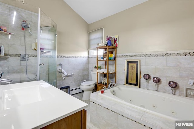 full bathroom featuring sink, baseboard heating, tile walls, separate shower and tub, and toilet