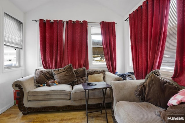 living room with vaulted ceiling and light wood-type flooring