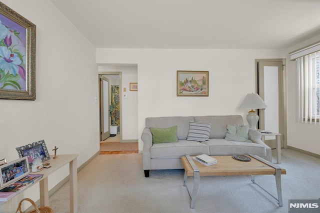 living room with baseboards and carpet floors