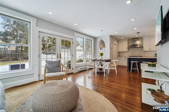 dining area featuring a baseboard radiator, french doors, plenty of natural light, and dark hardwood / wood-style flooring