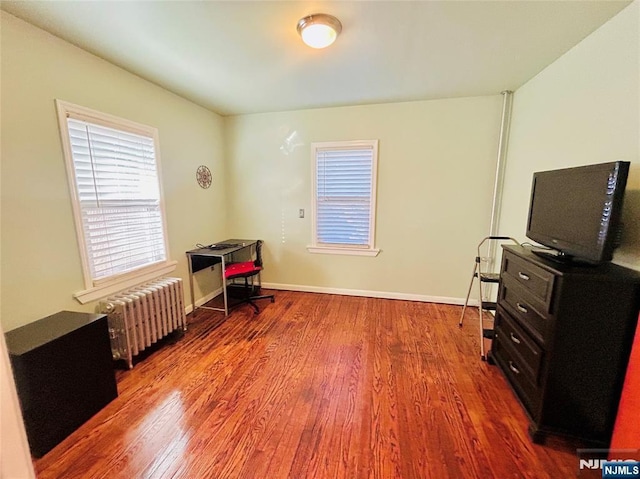 office featuring wood-type flooring and radiator heating unit