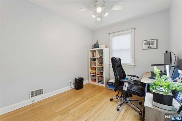 office featuring ceiling fan and wood-type flooring