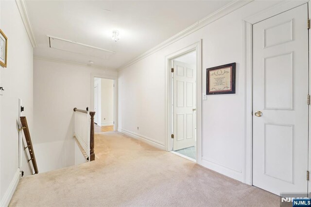 corridor with baseboards, carpet floors, attic access, ornamental molding, and an upstairs landing